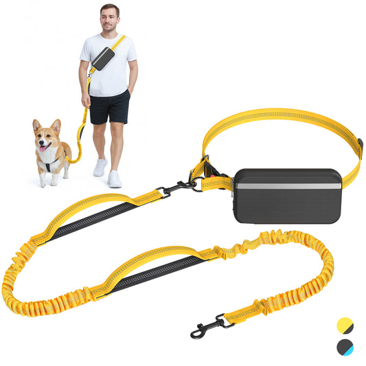Hands Free Dog Leash for Running Jogging Walking with Zipper Pouch, Retractable Bungee Dog Leash Belt with Dual Padded Handles for Large/Medium Dogs, Adjustable Reflective Waist Belt-Yellow