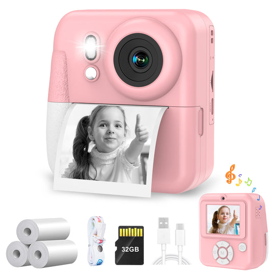Kids Camera Instant Print-Dual-Lens Selfie Digital Camera for Boys and Girls with 3 Print Paper & 32G Card-Pink