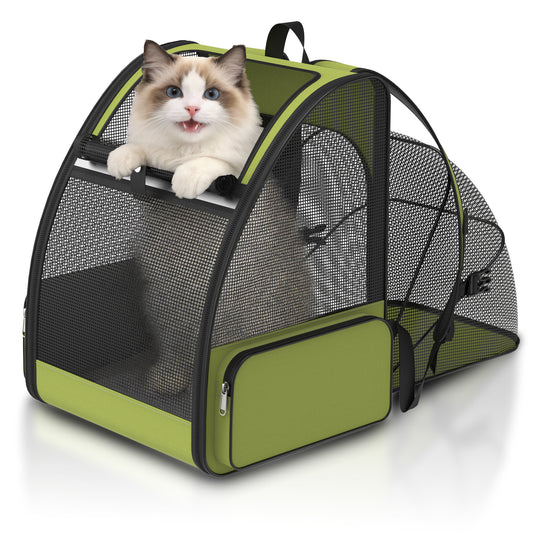 Cat Carrier Backpack Expandable Ventilated Pet Carrier for Large Cat Puppy Outdoor Travel Backpack with Breathable Mesh, Green