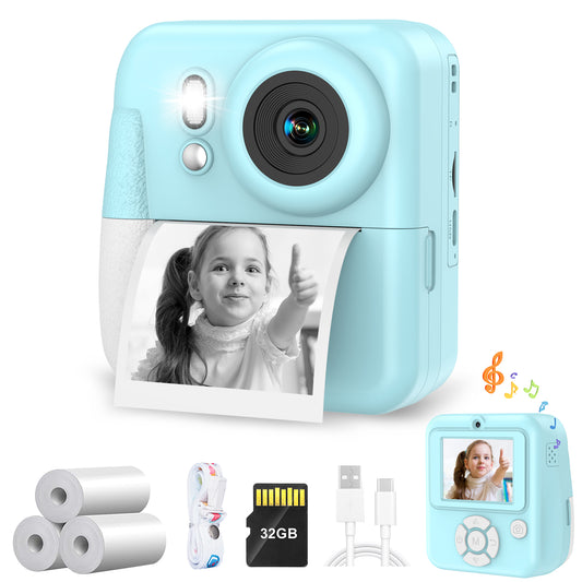 Kids Camera Instant Print-Dual-Lens Selfie Digital Camera for Boys and Girls with 3 Print Paper & 32G Card-Blue