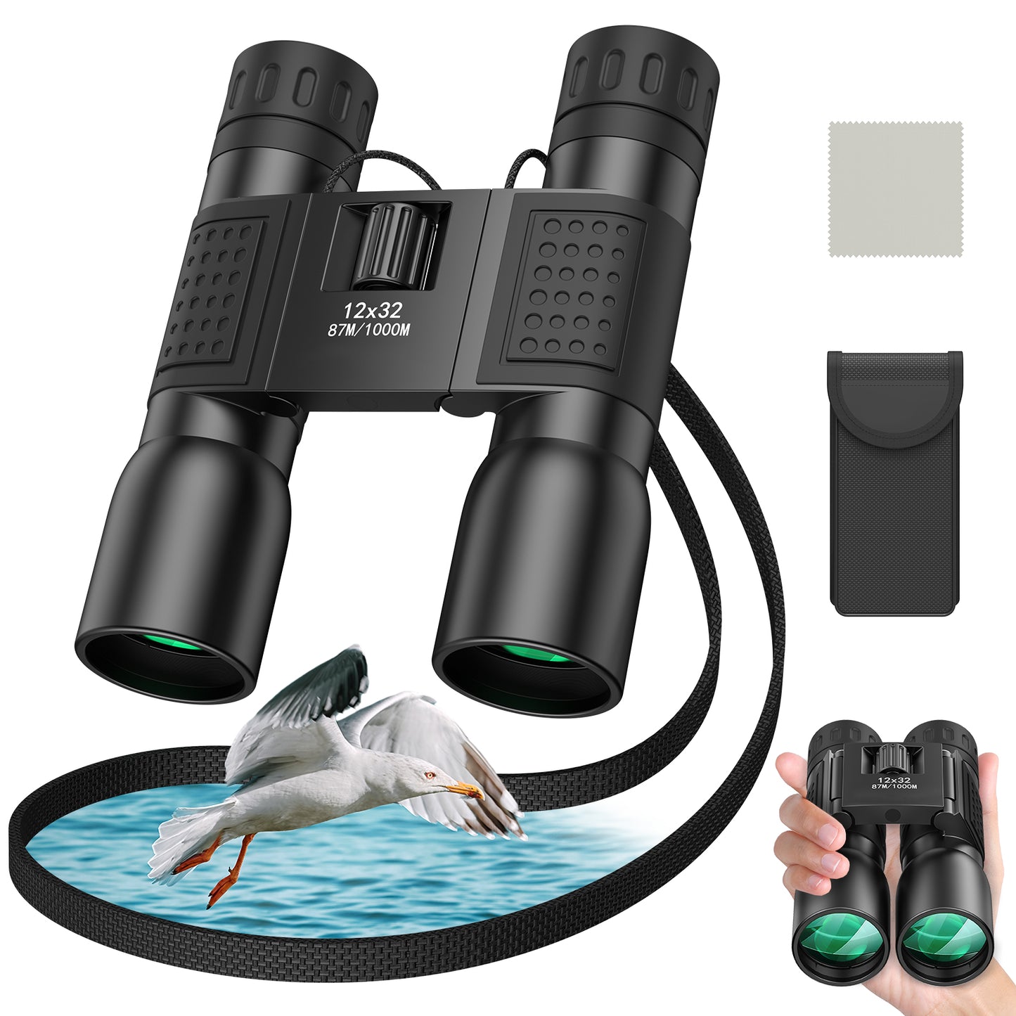 Compact Binoculars for Adults and Kids -12x32 Large View Small Floding Lightweight Binoculars for Bird Watching Concert Hunting Waterproof/Fogproof/Shockproof Binoculars
