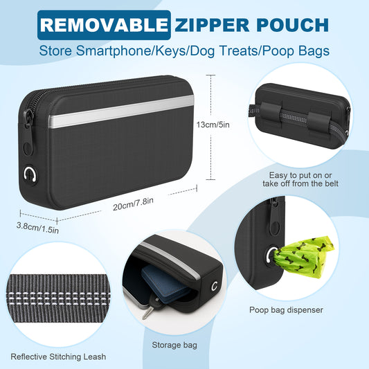 Hands Free Dog Leash for Running Jogging Walking with Zipper Pouch, Retractable Bungee Dog Leash Belt with Dual Padded Handles for Large/Medium Dogs, Adjustable Reflective Waist Belt