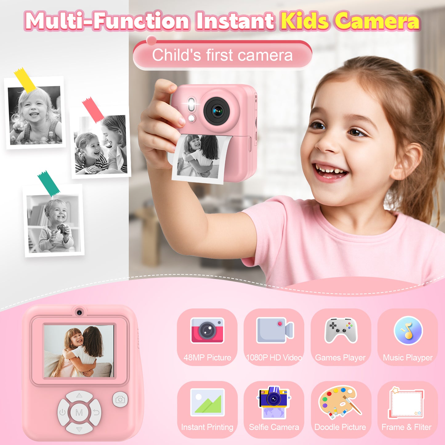 Kids Camera Instant Print-Dual-Lens Selfie Digital Camera for Boys and Girls with 3 Print Paper & 32G Card-Pink