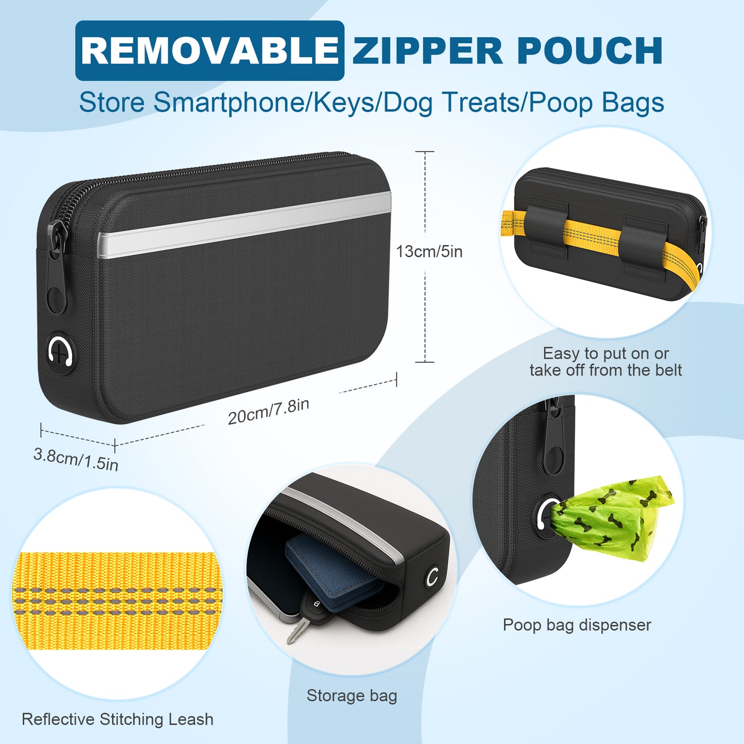 Hands Free Dog Leash for Running Jogging Walking with Zipper Pouch, Retractable Bungee Dog Leash Belt with Dual Padded Handles for Large/Medium Dogs, Adjustable Reflective Waist Belt-Yellow