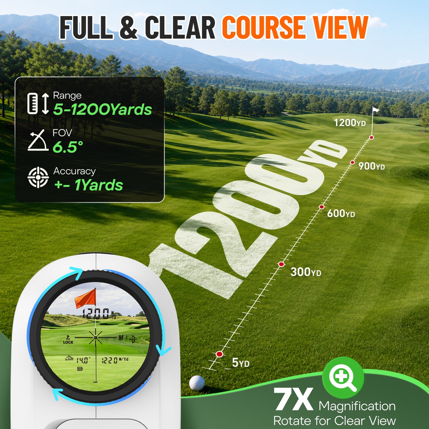 Golf Rangefinder with Slope - 1200Yards 7X Magnification with Flag Pole Locking Vibration, Rechargeable Battery with Magnet Stripe, Golf Accessories