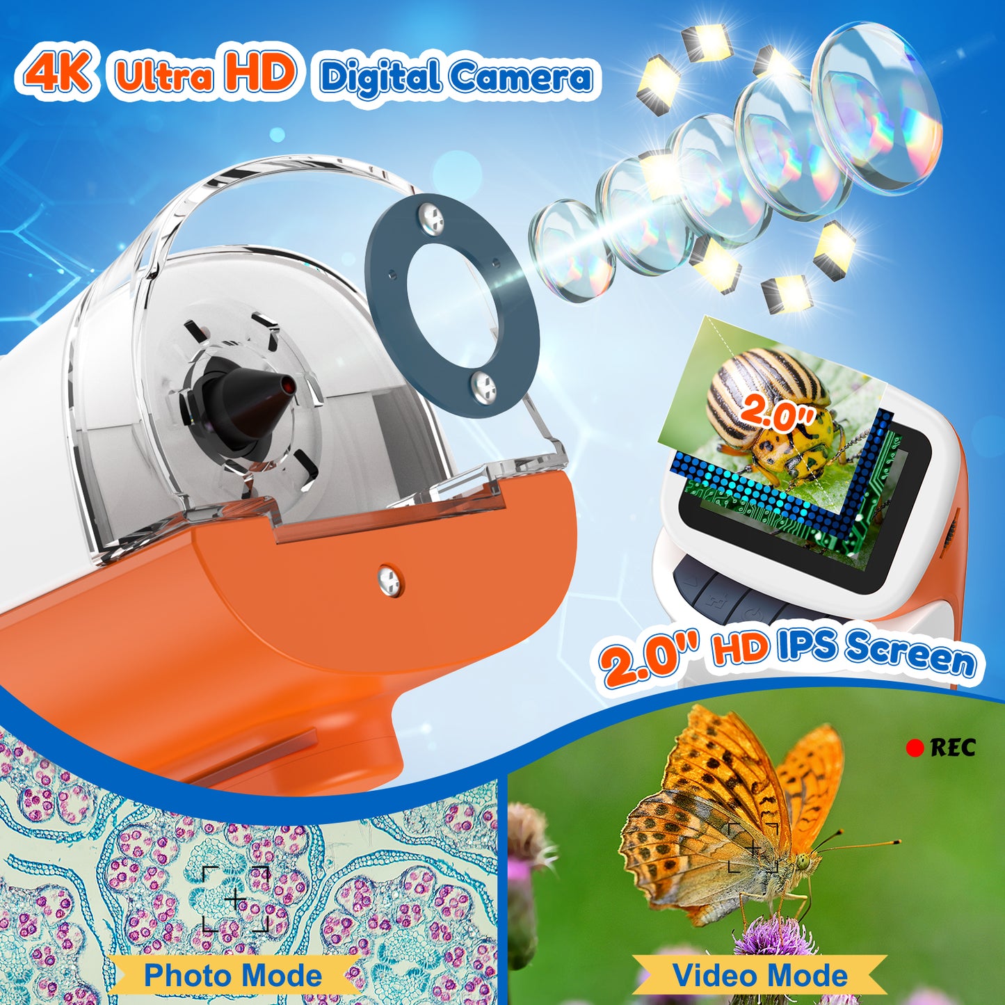 LAKWAR Handheld Microscope for Kids 100X-1000X-Digital Microscopes with 2'' Screen Portable Mini Microscope Camera Edu Science Kit Gift for Chirdren Student