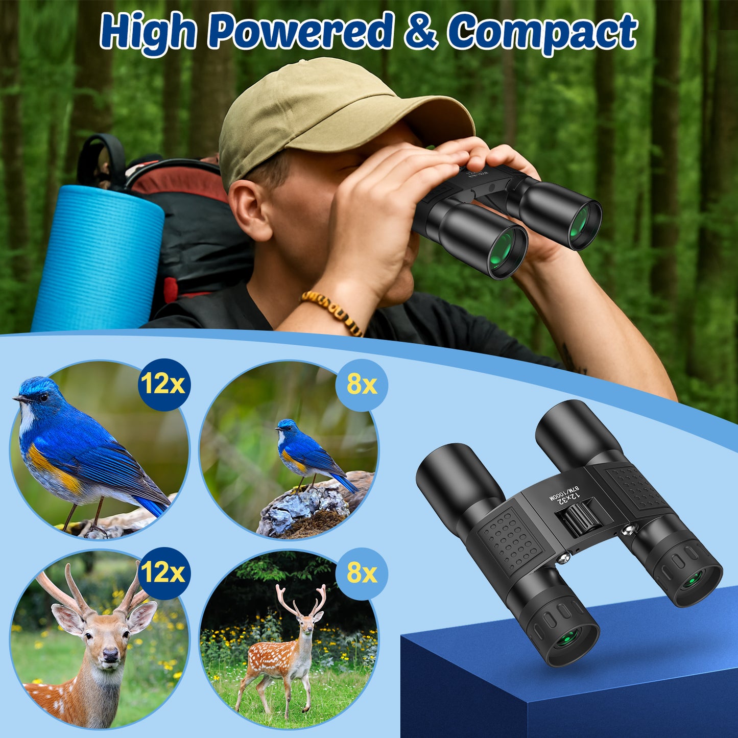Compact Binoculars for Adults and Kids -12x32 Large View Small Floding Lightweight Binoculars for Bird Watching Concert Hunting Waterproof/Fogproof/Shockproof Binoculars