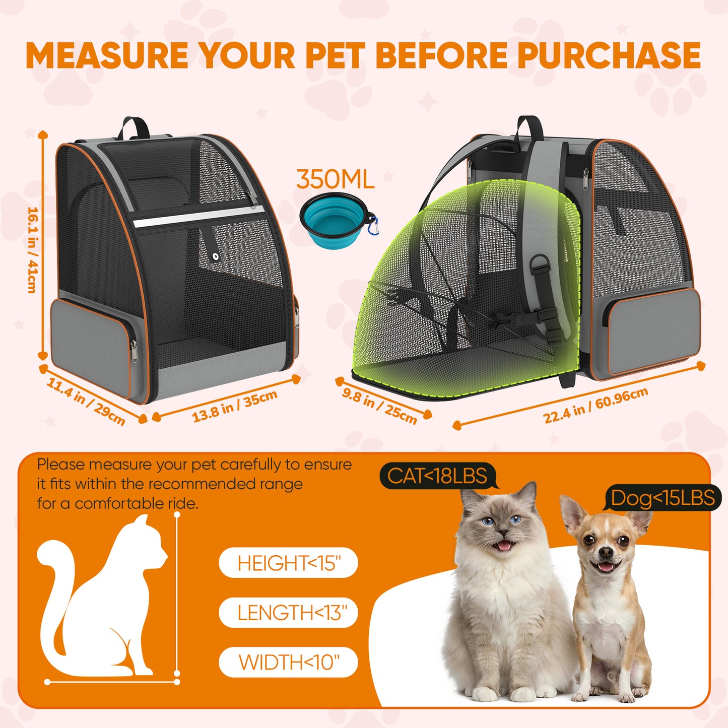 LAKWAR Cat Carrier Backpack Expandable Foldable Pet Carrier for Large Cat Puppy Outdoor Travel Backpack with Breathable Mesh, Gray
