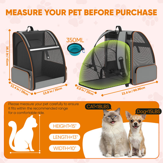 LAKWAR Cat Carrier Backpack Expandable Foldable Pet Carrier for Large Cat Puppy Outdoor Travel Backpack with Breathable Mesh, Gray