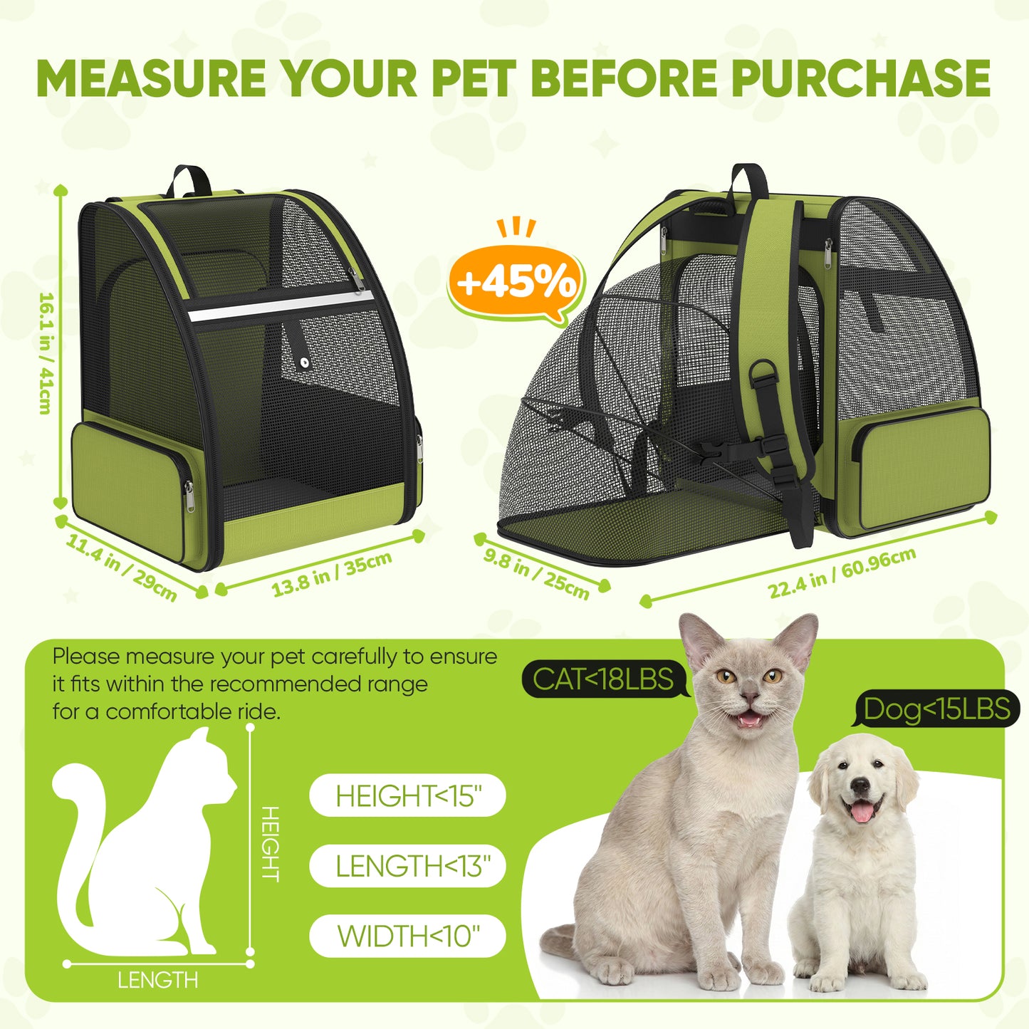 Cat Carrier Backpack Expandable Ventilated Pet Carrier for Large Cat Puppy Outdoor Travel Backpack with Breathable Mesh, Green