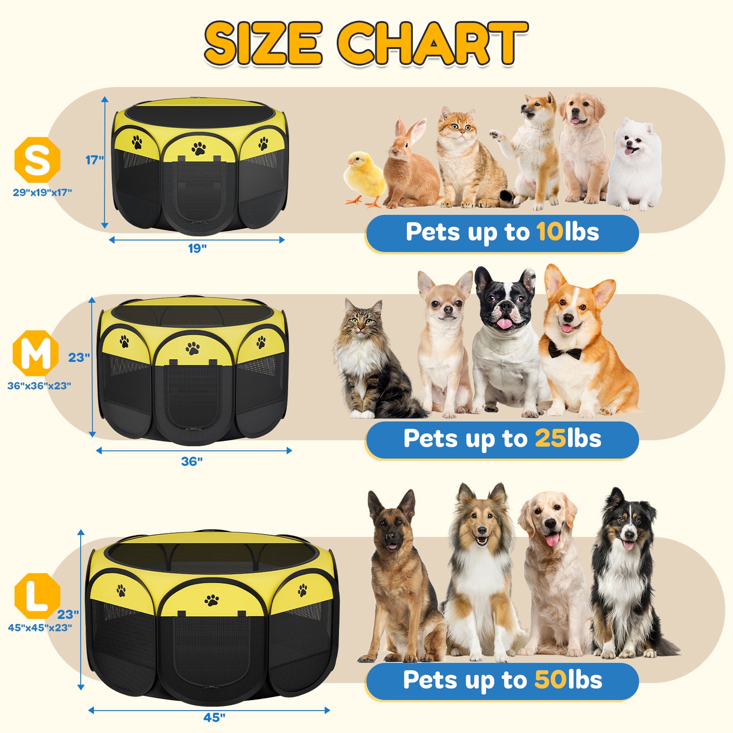 Pop Up Dog Playpen Large 44.5-Pet Playpen Indoor Dog Crate Tent Cage Outdoor-Portable Enclosure Kennel with Top & Locking Zipper for Dogs/Cats/Rabbits