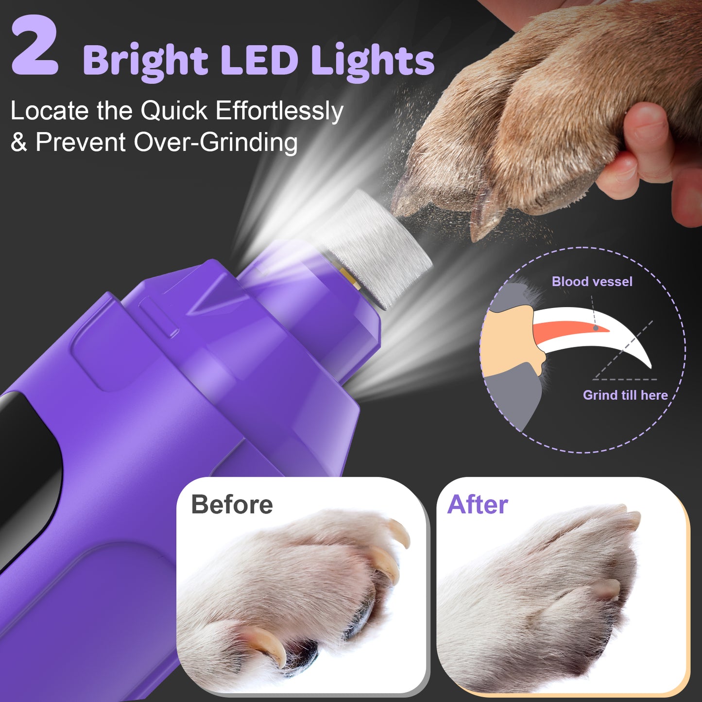 LAKWAR 6-Speed Dog Nail Grinder - Upgraded Pet Nail Grinder Super Quiet Rechargeable Electric Dog Nail Trimmer Painless Paws Grooming & Smoothing Tool for Large Medium Small Dogs(Purple)