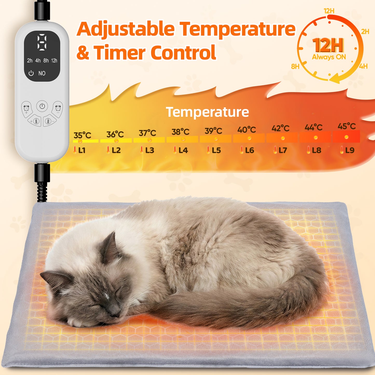 Pet Heating Pad for Dogs and Cats, Heated Cat Bed with Steel-Wrapped Cord and Soft Fleece Cover, 25.4 x 19.5 Inches Gifts for Cats Puppy in Winter