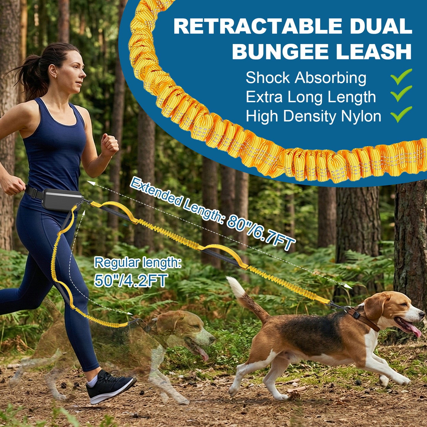 Hands Free Dog Leash for Running Jogging Walking with Zipper Pouch, Retractable Bungee Dog Leash Belt with Dual Padded Handles for Large/Medium Dogs, Adjustable Reflective Waist Belt-Yellow