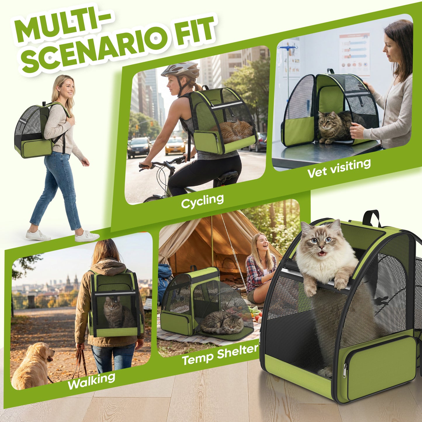 Cat Carrier Backpack Expandable Ventilated Pet Carrier for Large Cat Puppy Outdoor Travel Backpack with Breathable Mesh, Green