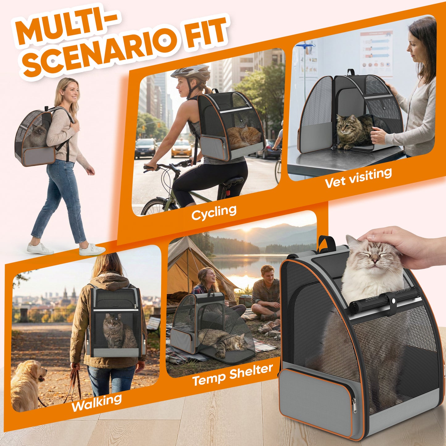 LAKWAR Cat Carrier Backpack Expandable Foldable Pet Carrier for Large Cat Puppy Outdoor Travel Backpack with Breathable Mesh, Gray