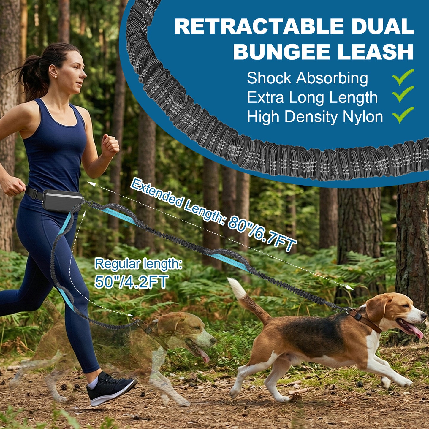 Hands Free Dog Leash for Running Jogging Walking with Zipper Pouch, Retractable Bungee Dog Leash Belt with Dual Padded Handles for Large/Medium Dogs, Adjustable Reflective Waist Belt