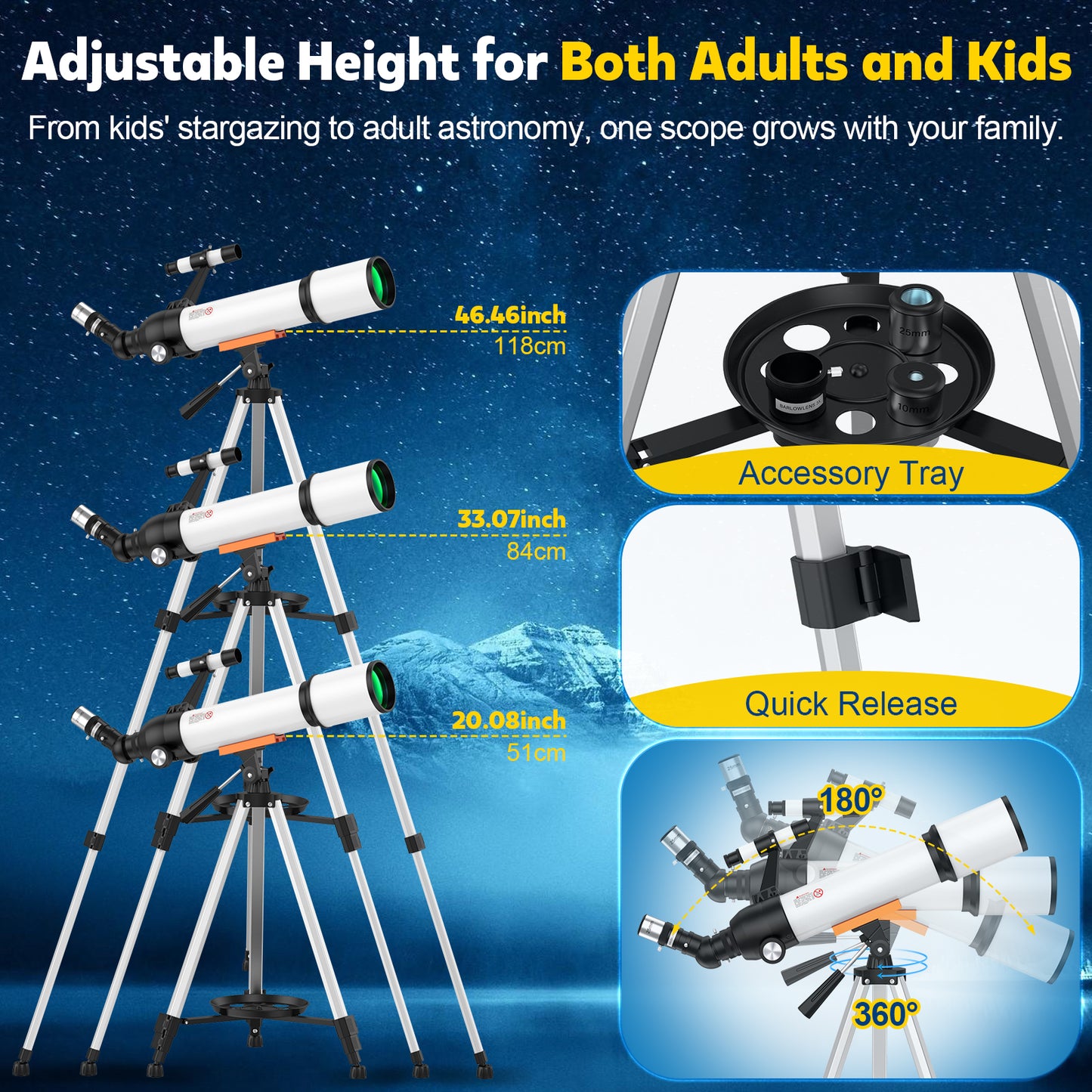 Telescope for Adults and Kids Beginners -500mm Astronomical Refracting Telescope with Carry Bag, Phone Adapter