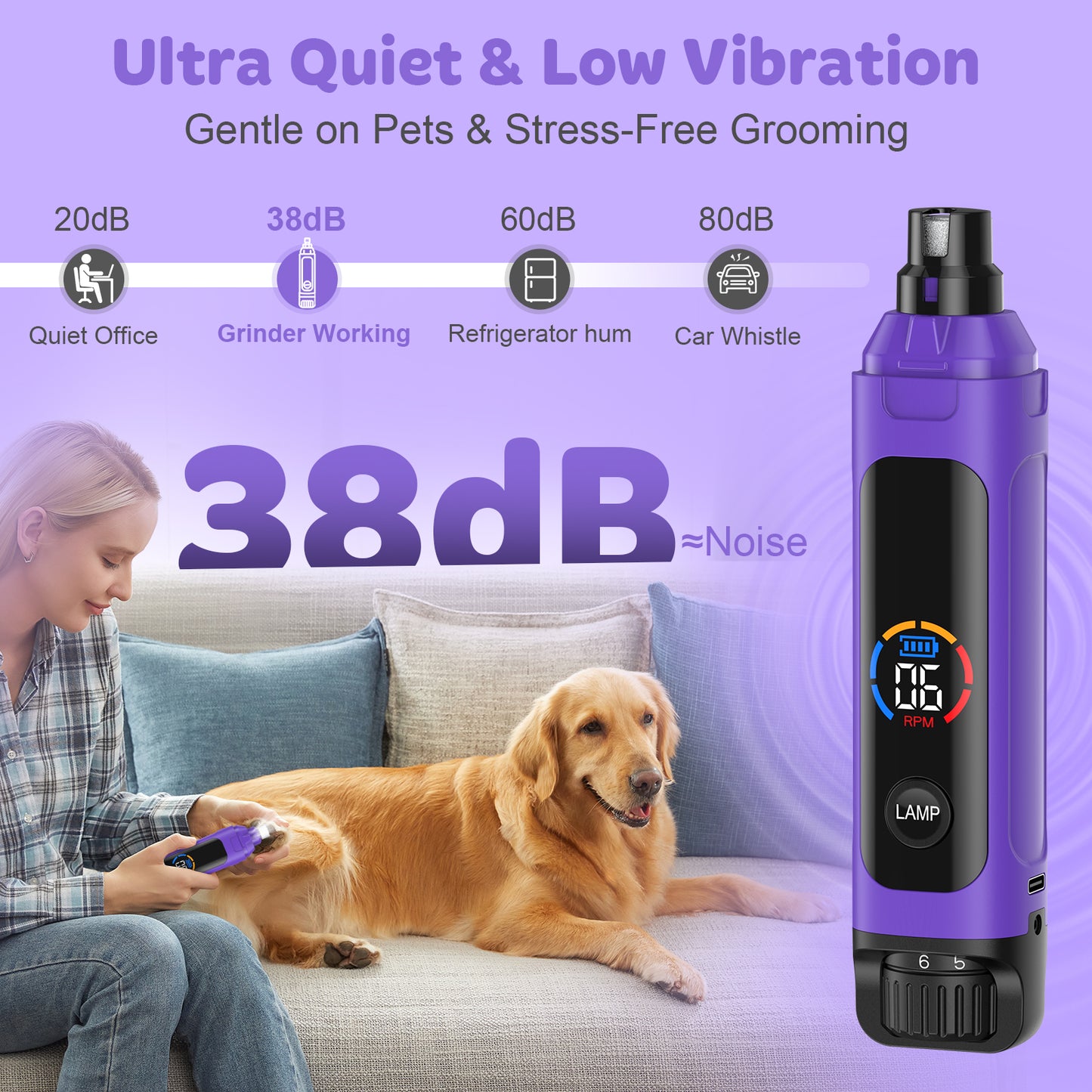 LAKWAR 6-Speed Dog Nail Grinder - Upgraded Pet Nail Grinder Super Quiet Rechargeable Electric Dog Nail Trimmer Painless Paws Grooming & Smoothing Tool for Large Medium Small Dogs(Purple)