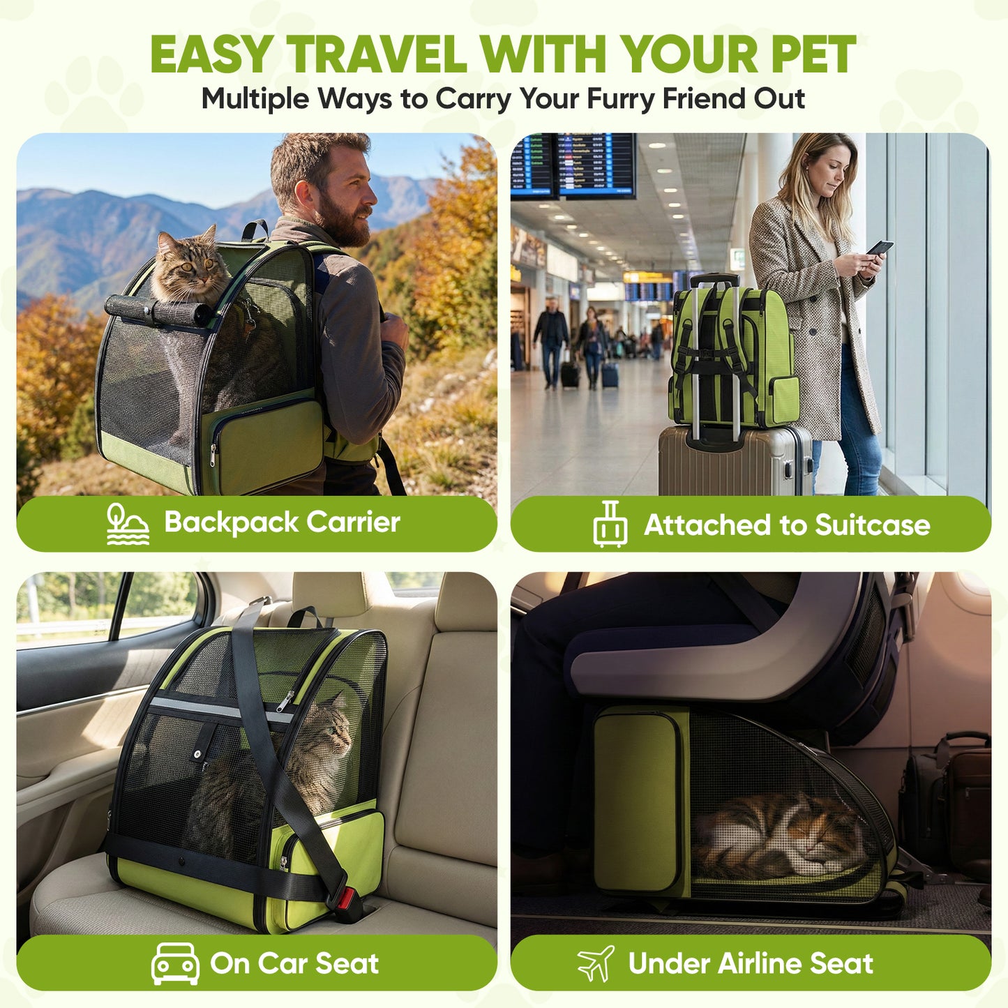 Cat Carrier Backpack Expandable Ventilated Pet Carrier for Large Cat Puppy Outdoor Travel Backpack with Breathable Mesh, Green