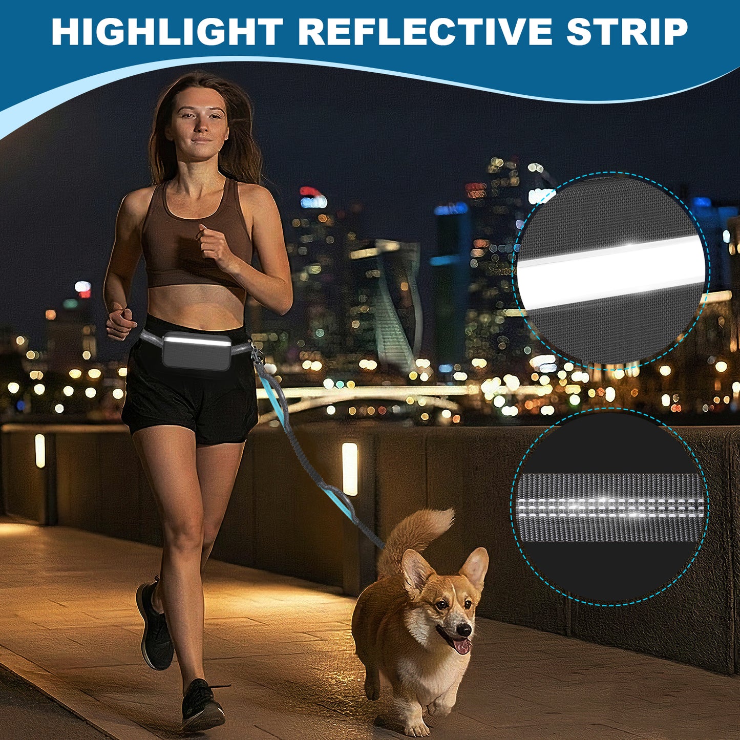 Hands Free Dog Leash for Running Jogging Walking with Zipper Pouch, Retractable Bungee Dog Leash Belt with Dual Padded Handles for Large/Medium Dogs, Adjustable Reflective Waist Belt