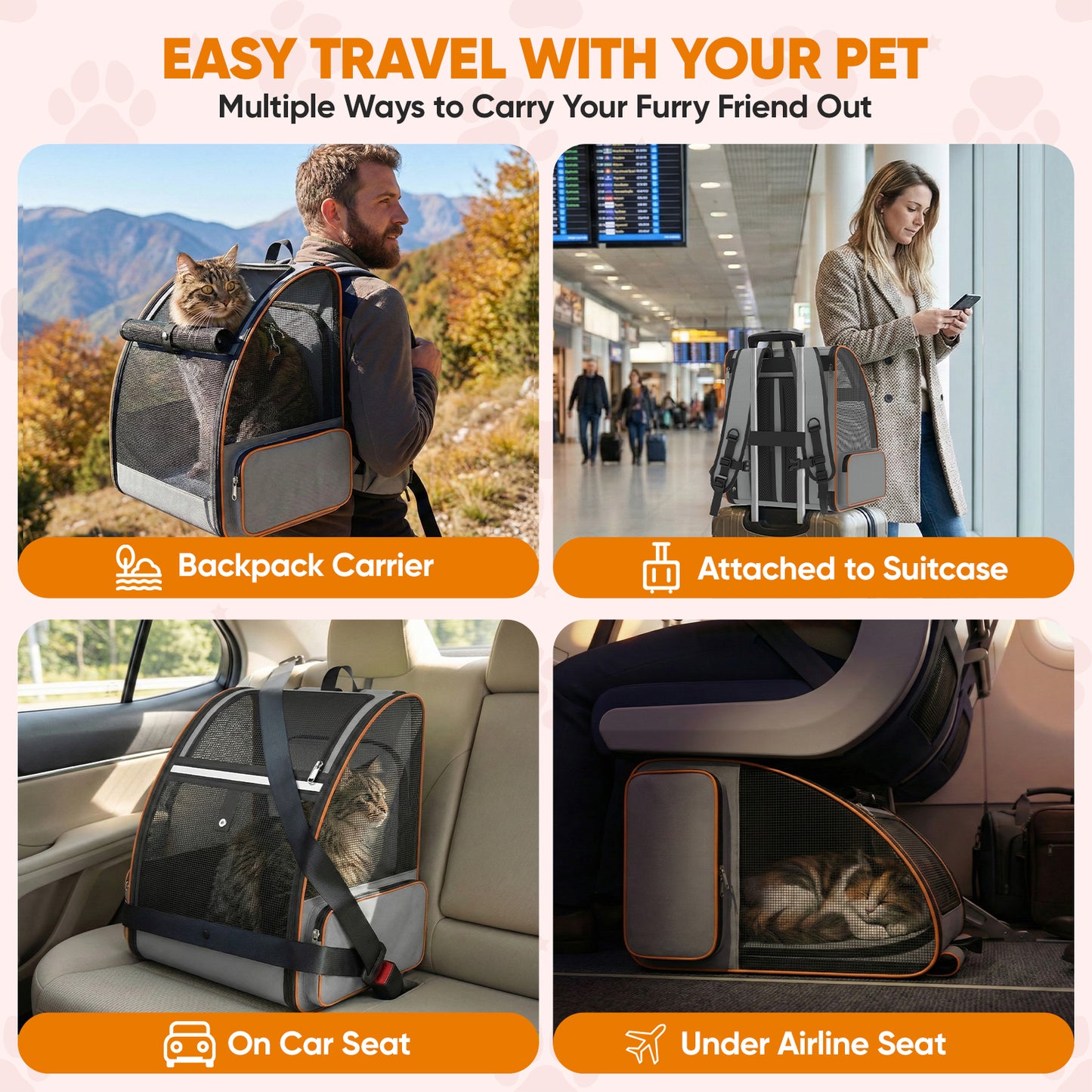 LAKWAR Cat Carrier Backpack Expandable Foldable Pet Carrier for Large Cat Puppy Outdoor Travel Backpack with Breathable Mesh, Gray