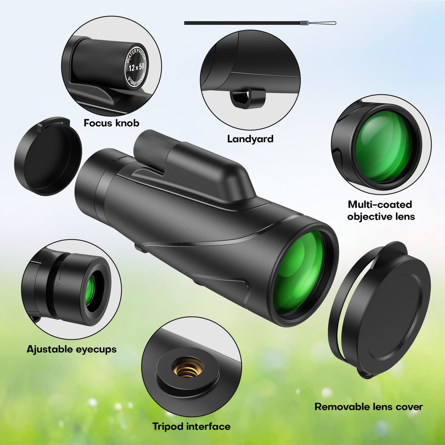 LAKWAR Monocular Telescope High Power 12x50 Monoculars Scope Compact Waterproof Fogproof Shockproof with Hand Strap for Adults Kids Bird Watching Hunting Camping Hiking Travling Wildlife Secenery