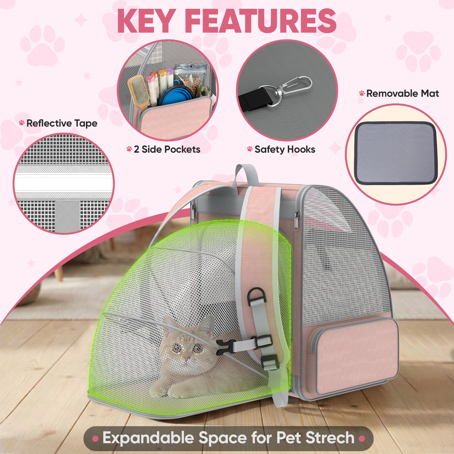 Cat Carrier Backpack Expandable Ventilated  Pet Carrier for Large Cat  Puppy Outdoor Travel Backpack with Breathable Mesh, Green