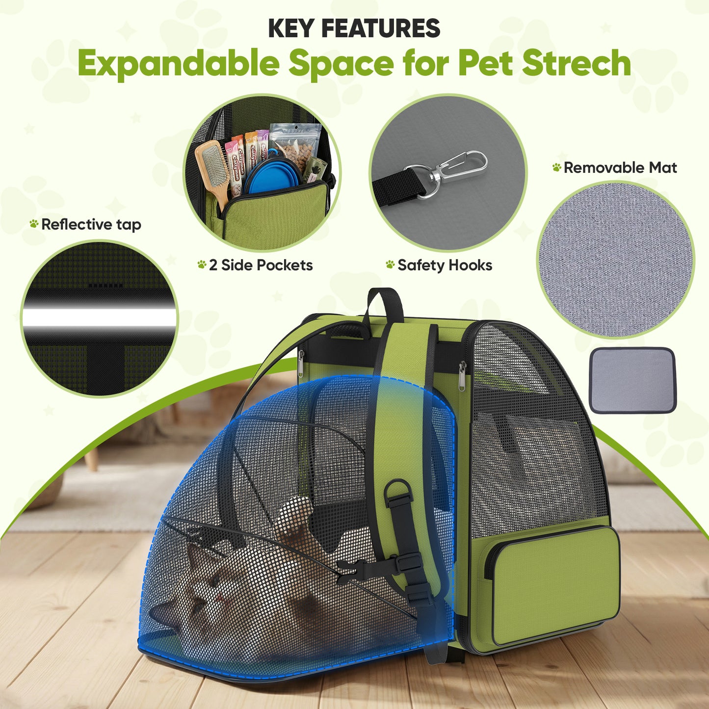 Cat Carrier Backpack Expandable Ventilated Pet Carrier for Large Cat Puppy Outdoor Travel Backpack with Breathable Mesh, Green