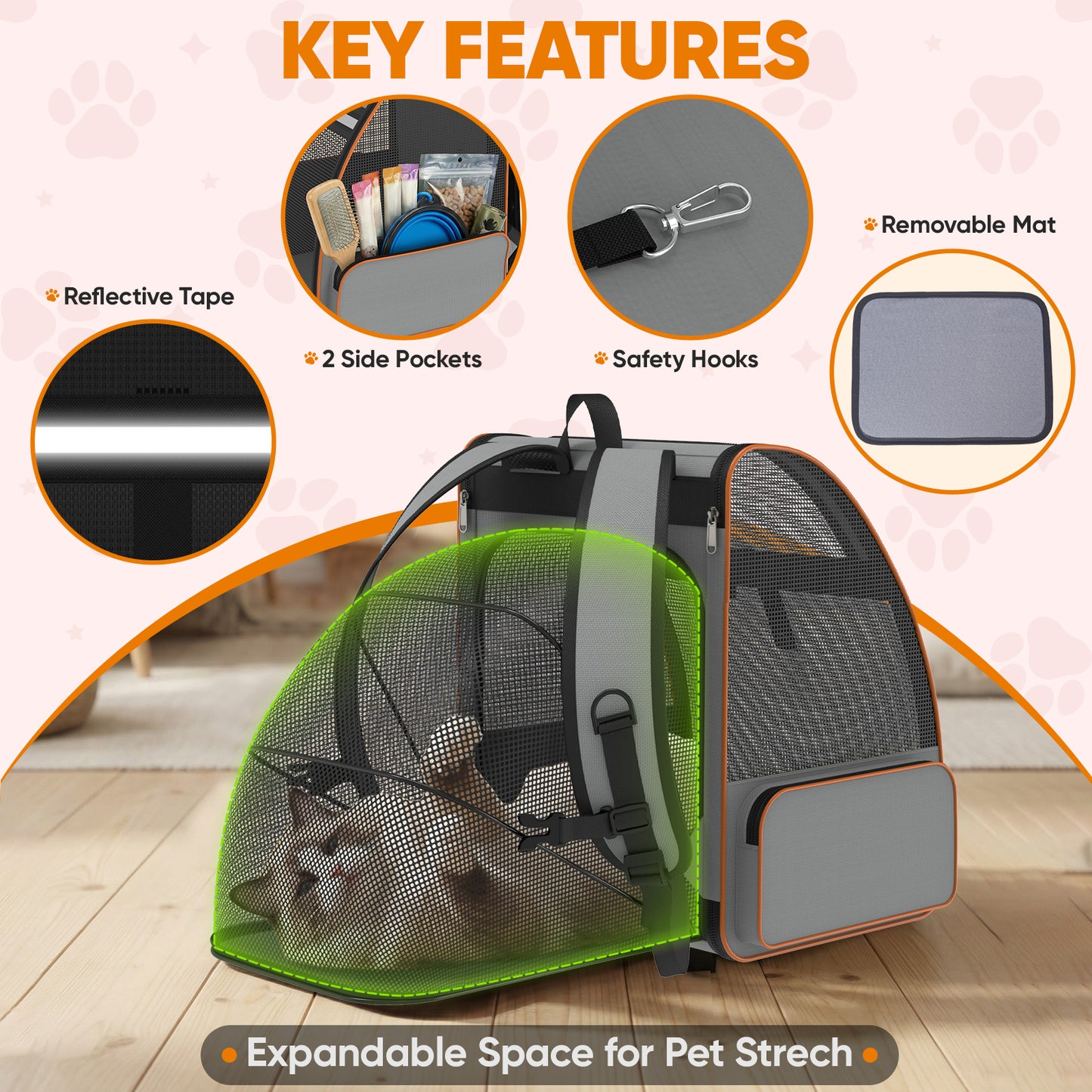 LAKWAR Cat Carrier Backpack Expandable Foldable Pet Carrier for Large Cat Puppy Outdoor Travel Backpack with Breathable Mesh, Gray