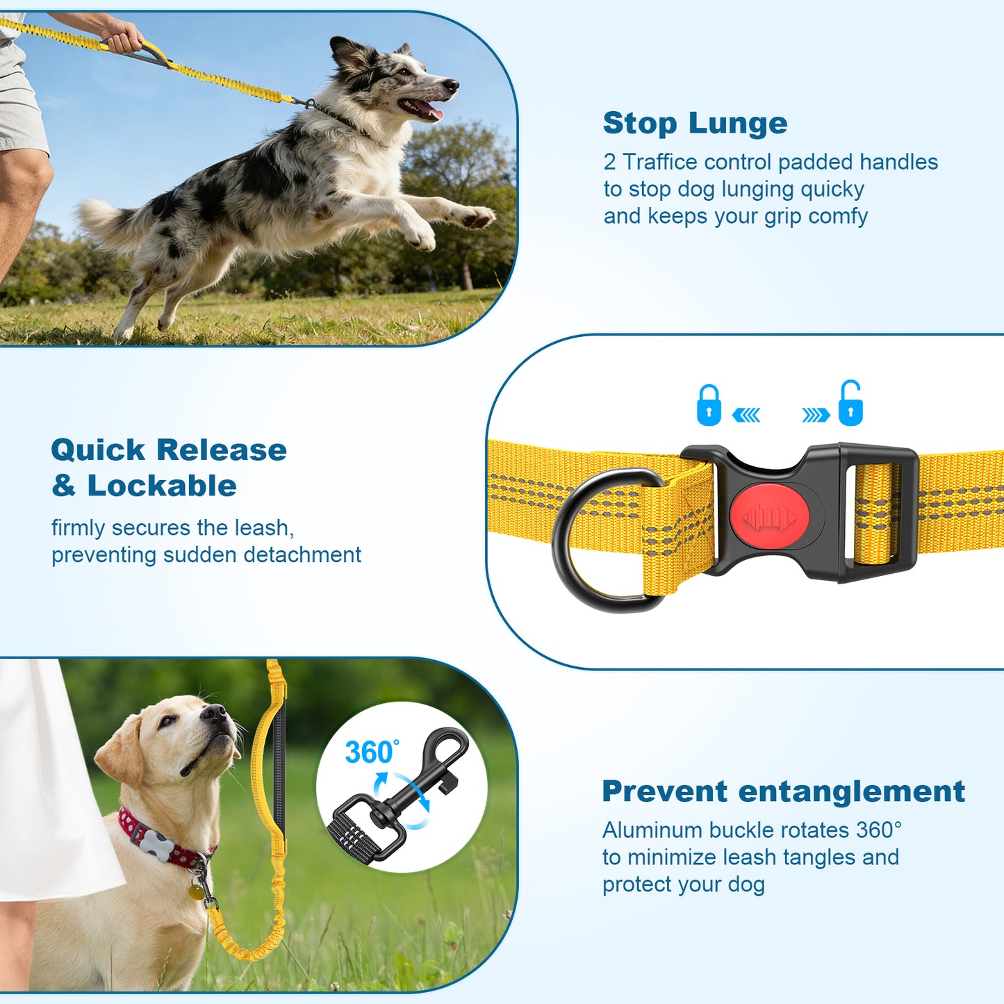Hands Free Dog Leash for Running Jogging Walking with Zipper Pouch, Retractable Bungee Dog Leash Belt with Dual Padded Handles for Large/Medium Dogs, Adjustable Reflective Waist Belt-Yellow