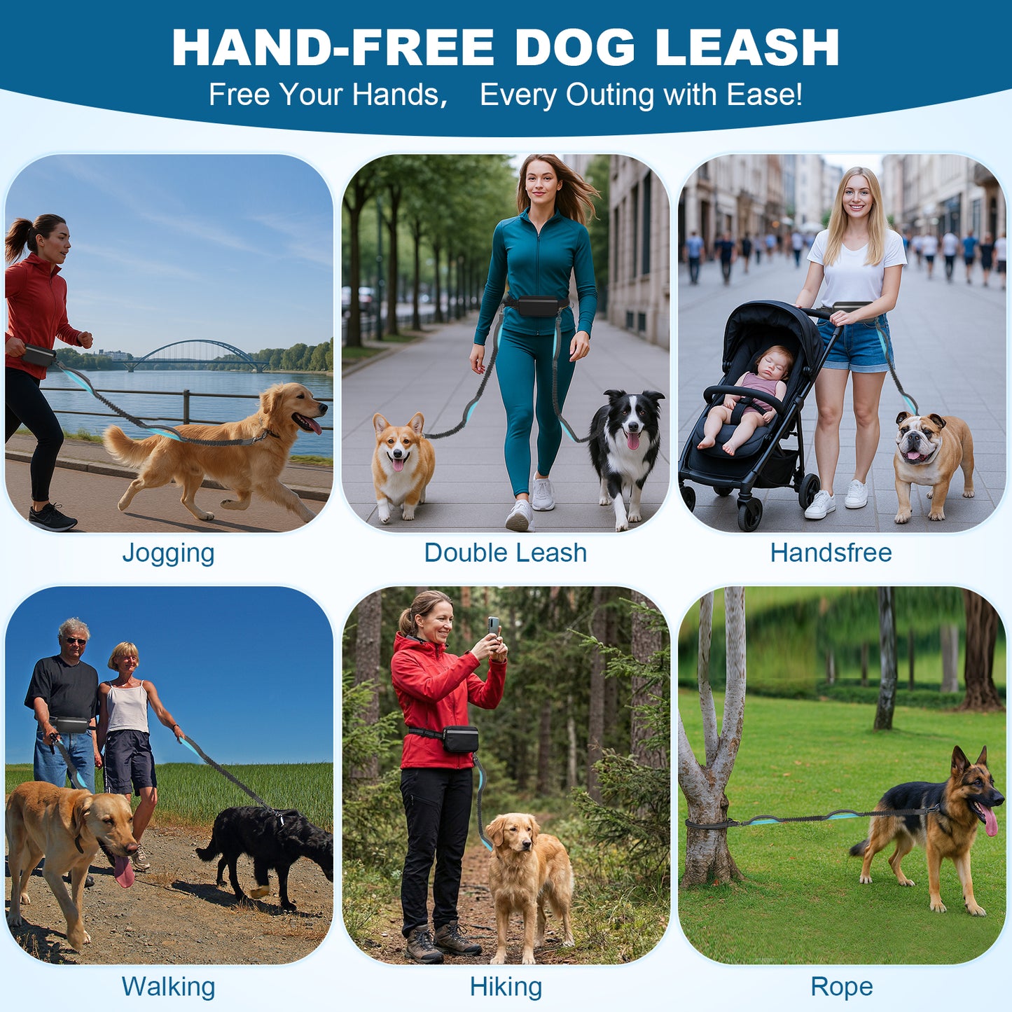 Hands Free Dog Leash for Running Jogging Walking with Zipper Pouch, Retractable Bungee Dog Leash Belt with Dual Padded Handles for Large/Medium Dogs, Adjustable Reflective Waist Belt