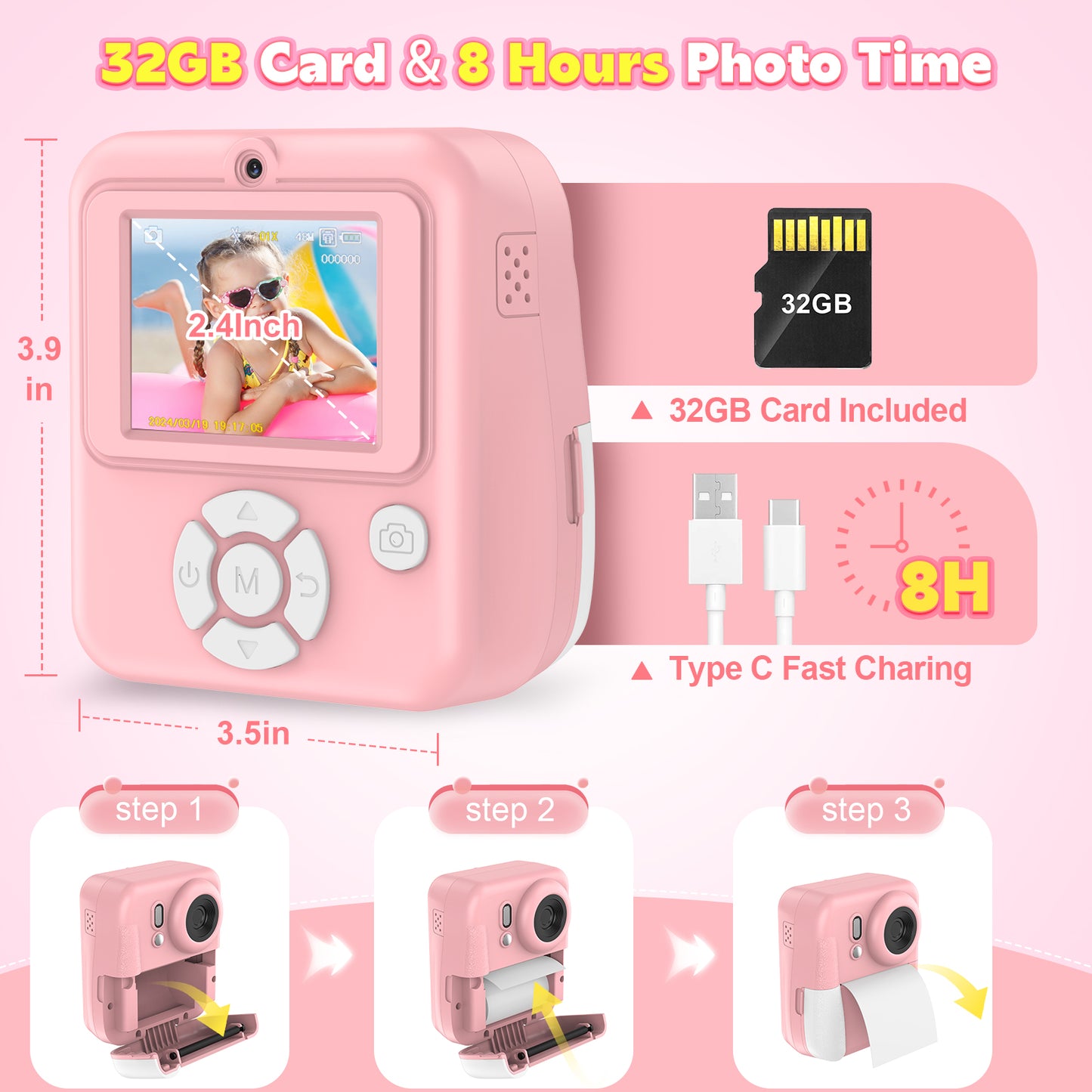Kids Camera Instant Print-Dual-Lens Selfie Digital Camera for Boys and Girls with 3 Print Paper & 32G Card-Pink