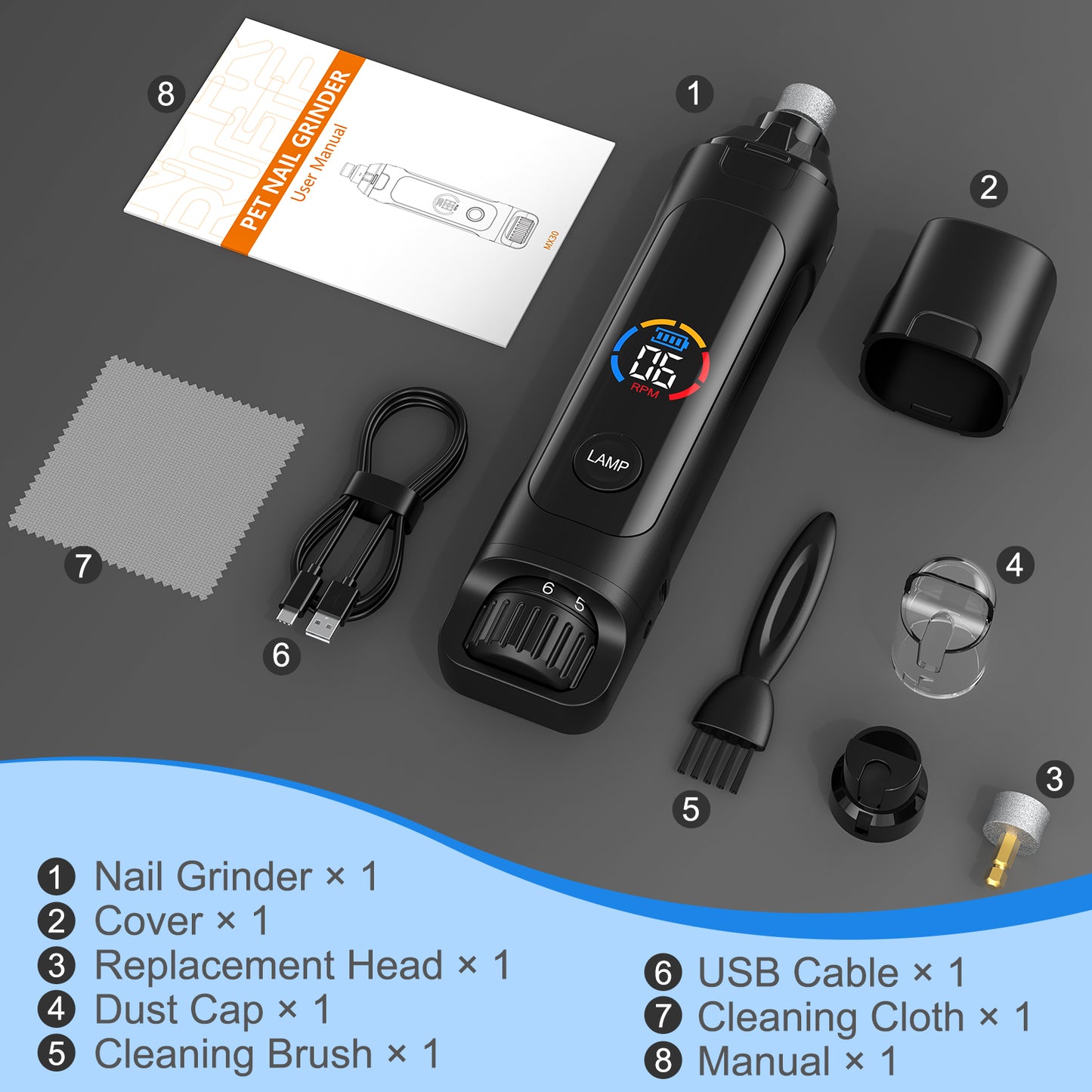 LAKWAR 6-Speed Dog Nail Grinder - Upgraded Pet Nail Grinder Super Quiet Rechargeable Electric Dog Nail Trimmer Painless Paws Grooming & Smoothing Tool for Large Medium Small Dogs(Gray)