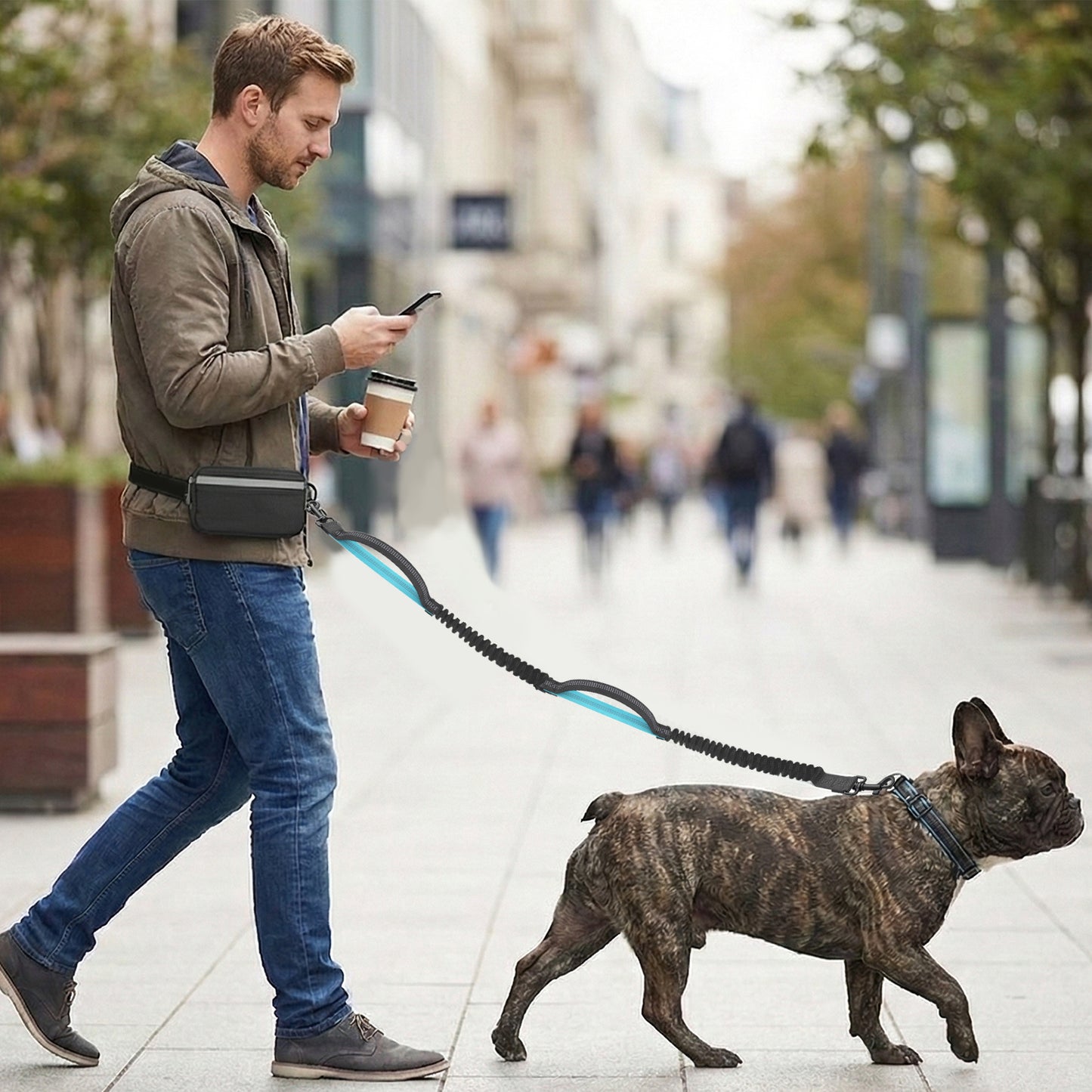 Hands Free Dog Leash for Running Jogging Walking with Zipper Pouch, Retractable Bungee Dog Leash Belt with Dual Padded Handles for Large/Medium Dogs, Adjustable Reflective Waist Belt