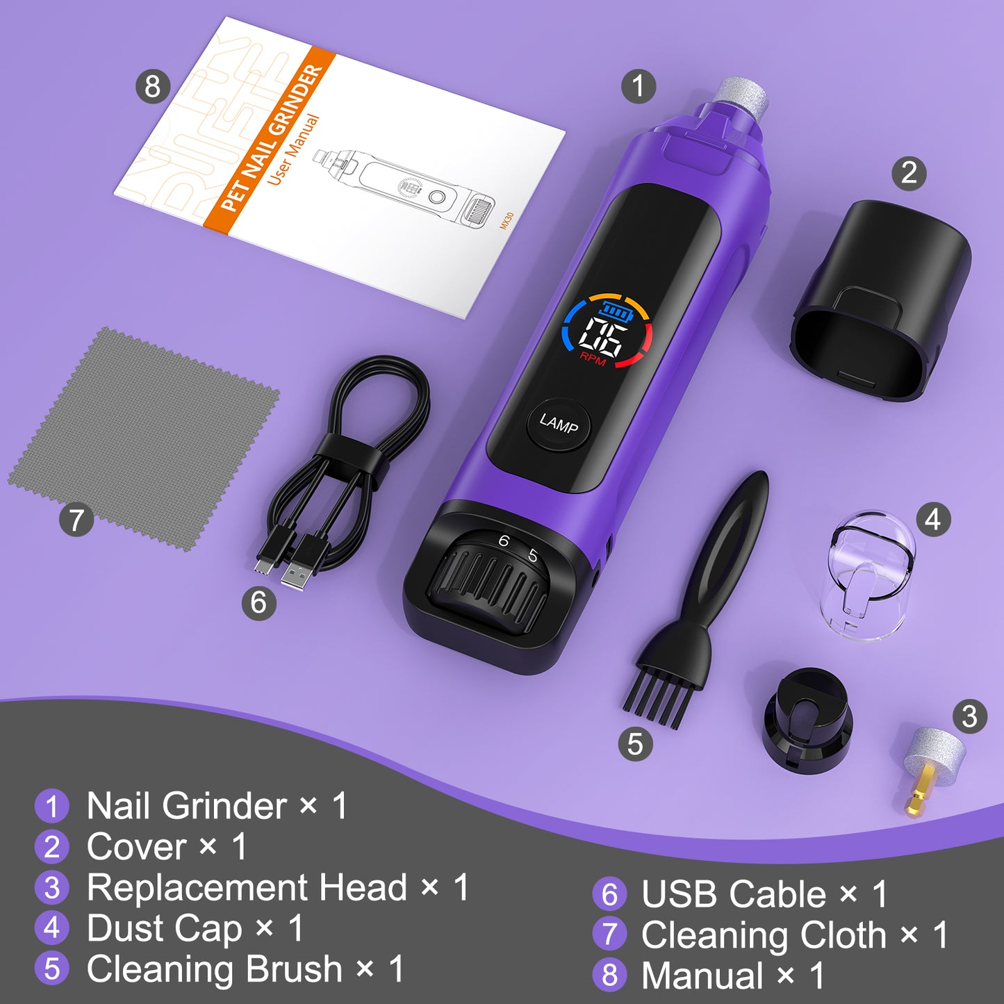 LAKWAR 6-Speed Dog Nail Grinder - Upgraded Pet Nail Grinder Super Quiet Rechargeable Electric Dog Nail Trimmer Painless Paws Grooming & Smoothing Tool for Large Medium Small Dogs(Purple)