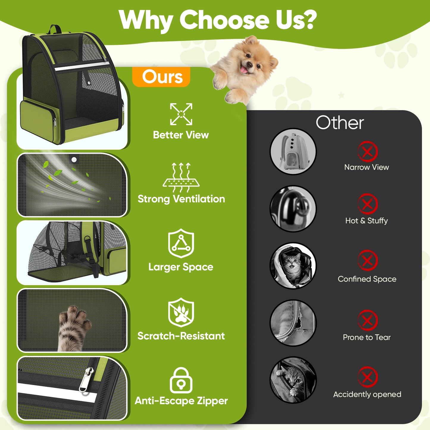 Cat Carrier Backpack Expandable Ventilated Pet Carrier for Large Cat Puppy Outdoor Travel Backpack with Breathable Mesh, Green