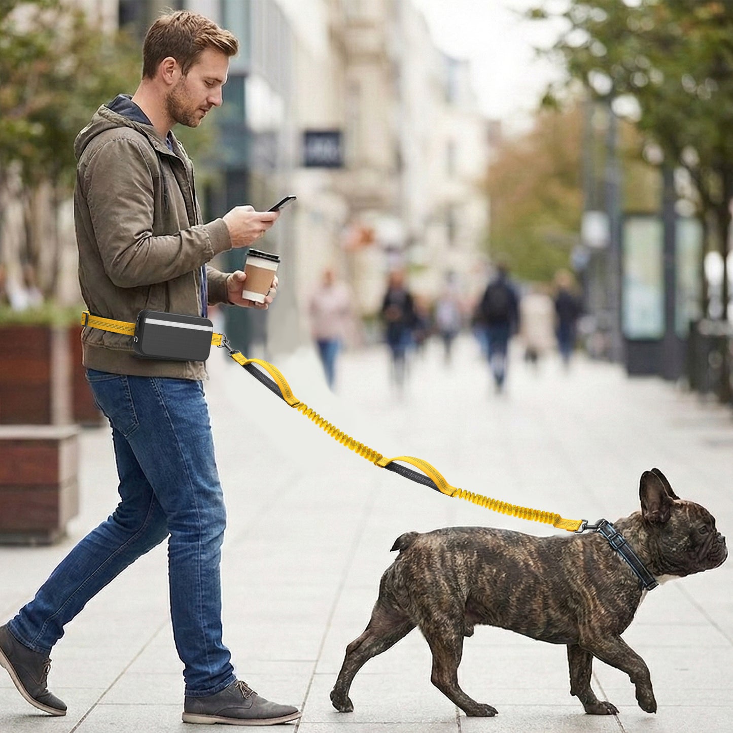 Hands Free Dog Leash for Running Jogging Walking with Zipper Pouch, Retractable Bungee Dog Leash Belt with Dual Padded Handles for Large/Medium Dogs, Adjustable Reflective Waist Belt-Yellow