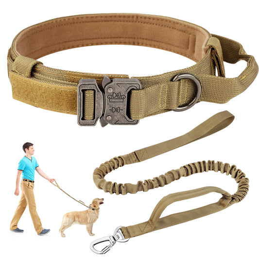 LAKWAR Tactical Dog Collar and Leash Set, Adjustable Military Training Nylon Dog Collar with Handle and Heavy Metal Buckle for Medium and Large Dogs (L, Khaki-Set)