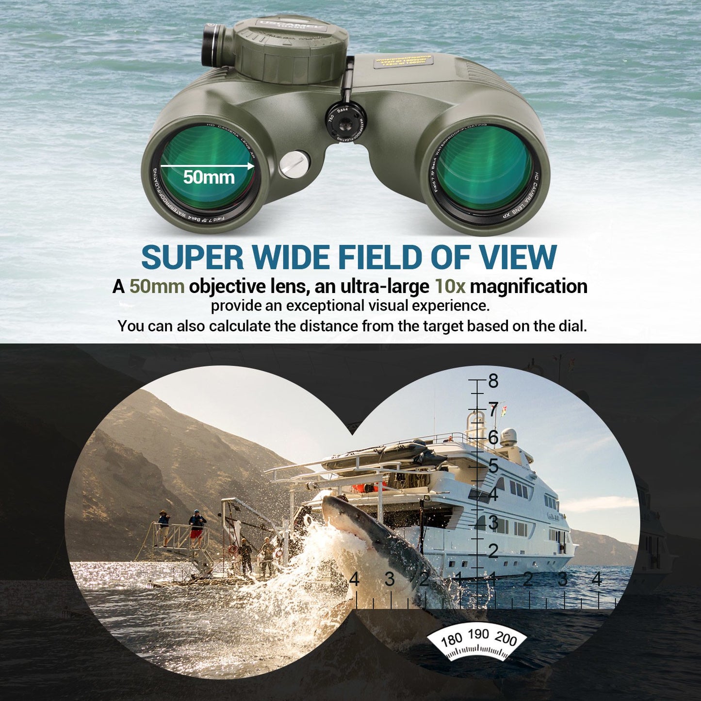 LAKWAR 10x50 Ultimate Marine Binoculars, HD Bak4 FMC High-Contrast-Optics, Illuminated Analog Rangefinder Compass, Waterproof Durable, for Boating Adults Hunting - Army Green
