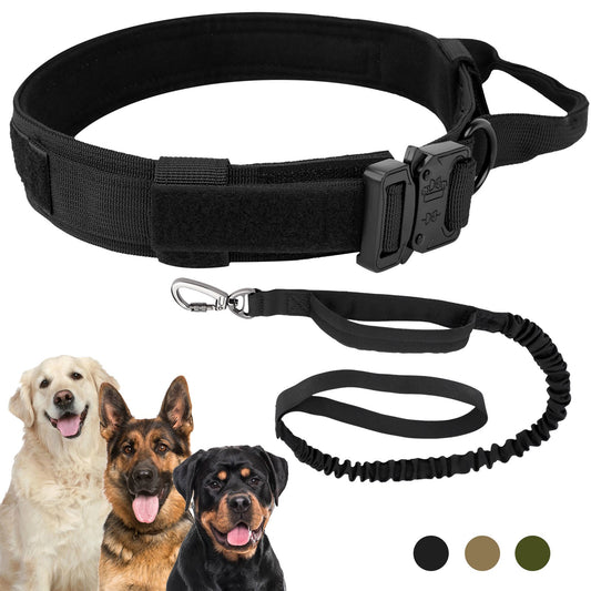 LAKWAR Tactical Dog Collar and Leash Set, Adjustable Military Training Nylon Dog Collar with Handle and Heavy Metal Buckle for Medium and Large Dogs (L, Black-Set)