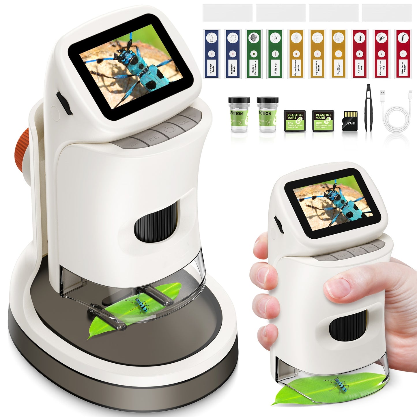 Handheld Microscope, Digital Microscope with Screen for Kids Student Adult Microscope with Slides Set Outdoor Fun Toy for Kids
