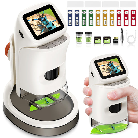 Handheld Microscope, Digital Microscope with Screen for Kids Student Adult Microscope with Slides Set Outdoor Fun Toy for Kids