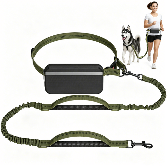 LAKWAR Hands Free Dog Leash for Running Jogging Walking with Zipper Pouch, Retractable Bungee Pet Leash Belt with Dual Padded Handles for Large Medium Dogs, Adjustable Reflective Waist Belt