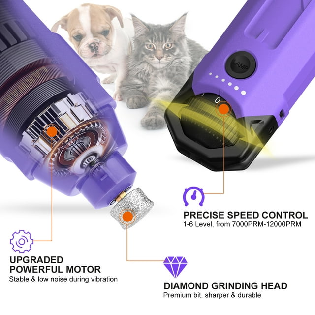 LAKWAR 6-Speed Dog Nail Grinder - Upgraded Pet Nail Grinder Super Quiet Rechargeable Electric Dog Nail Trimmer Painless Paws Grooming & Smoothing Tool for Large Medium Small Dogs(Purple)