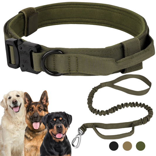 LAKWAR Tactical Dog Collar and Leash Set, Adjustable Military Training Nylon Dog Collar with Handle and Heavy Metal Buckle for Medium and Large Dogs (L, Green-Set)