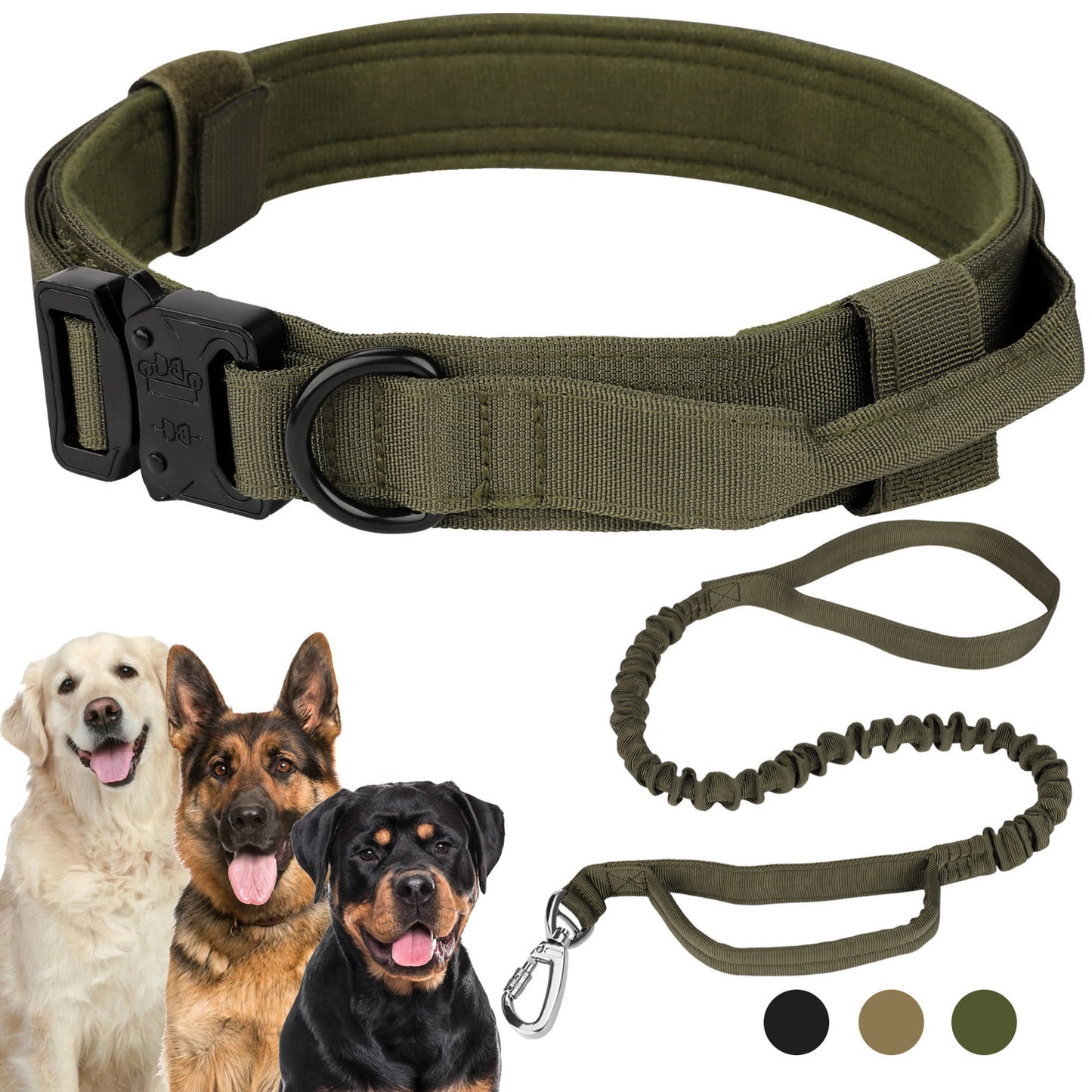 LAKWAR Tactical Dog Collar and Leash Set, Adjustable Military Training Nylon Dog Collar with Handle and Heavy Metal Buckle for Medium and Large Dogs (M, Green-Set)