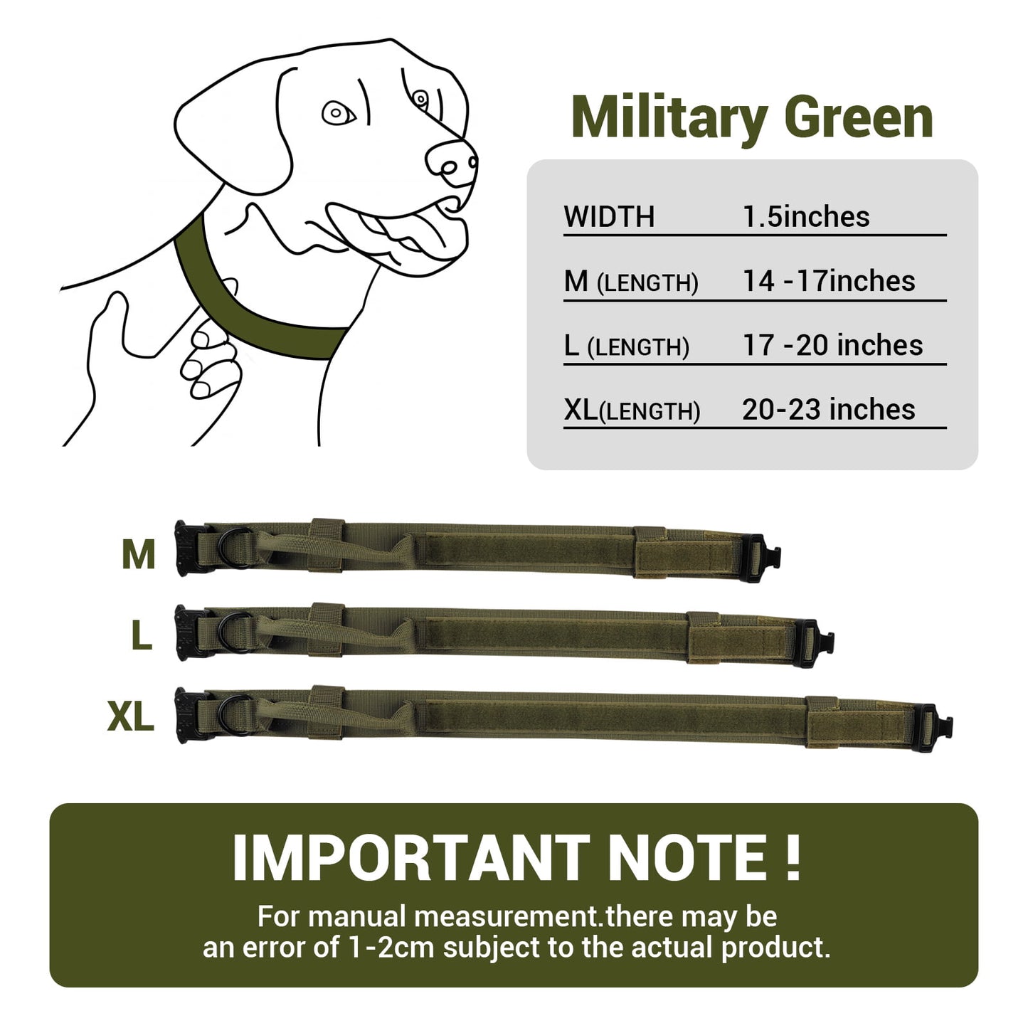 LAKWAR Tactical Dog Collar, Adjustable Military Training Nylon Dog Collar with Handle and Heavy Metal Buckle for Medium and Large Dogs (M, Green)