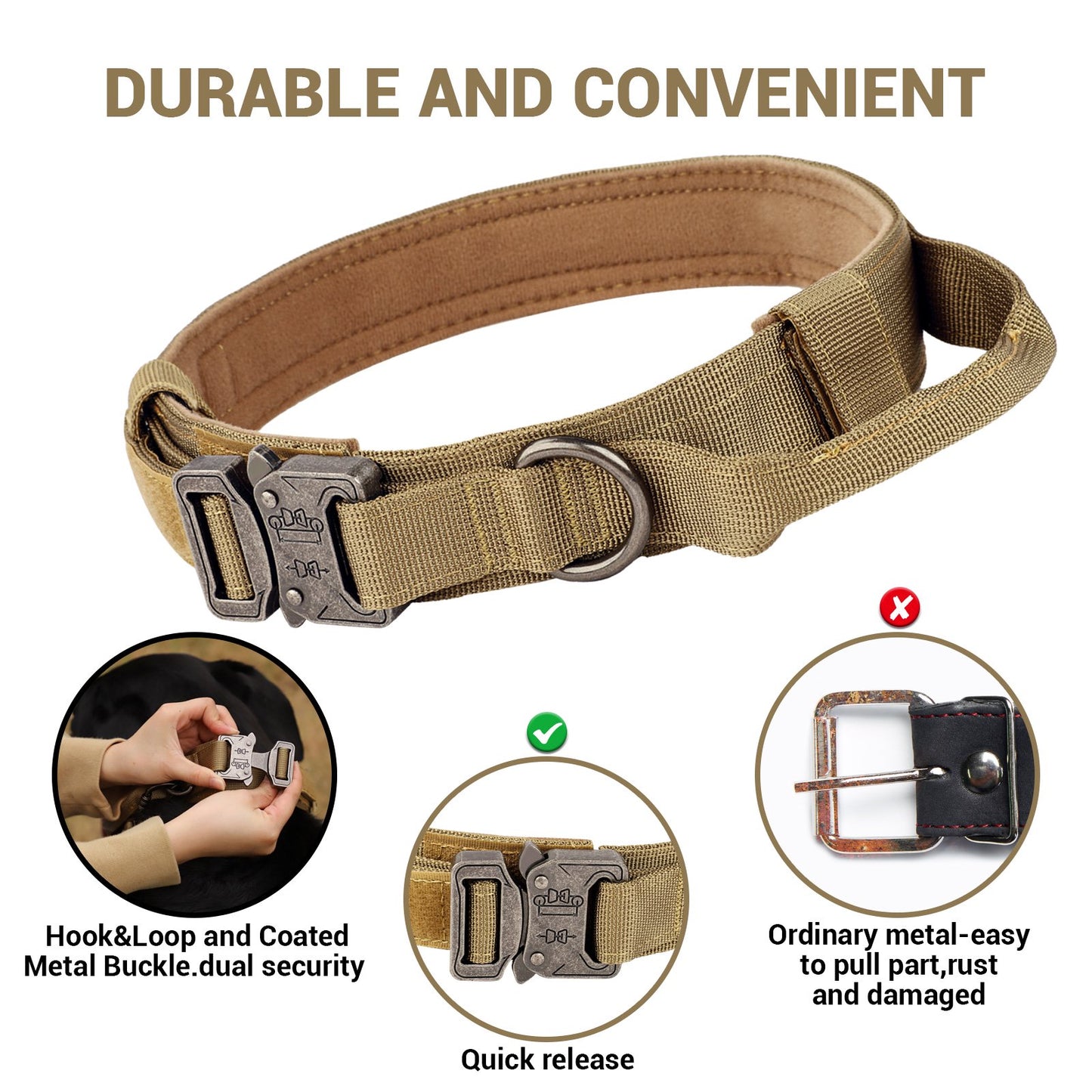 LAKWAR Tactical Dog Collar, Adjustable Military Training Nylon Dog Collar with Handle and Heavy Metal Buckle for Medium and Large Dogs (L, Khaki)