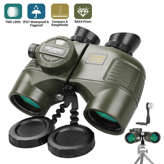 LAKWAR 10x50 Ultimate Marine Binoculars, HD Bak4 FMC High-Contrast-Optics, Illuminated Analog Rangefinder Compass, Waterproof Durable, for Boating Adults Hunting - Army Green